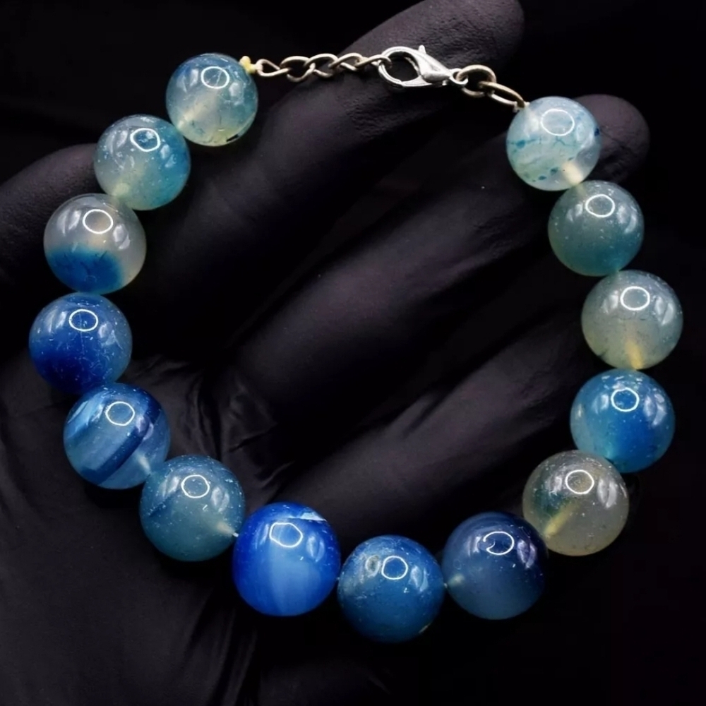 Blue Onyx 224.00 Cts Genuine Natural Gemstone Beaded Bracelet Size 6 - 7 Inches